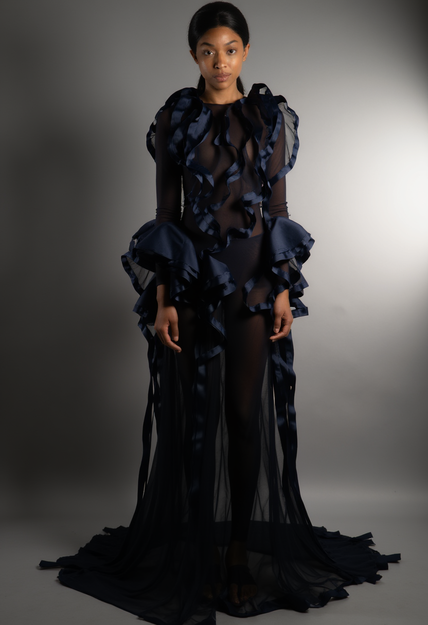 PR_STYLE LoRA output: navy sheer gown with satin ribbon winding through mesh bodice